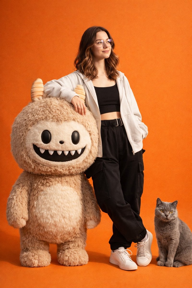 Orange Studio Fashion Portrait with Labubu and Cat