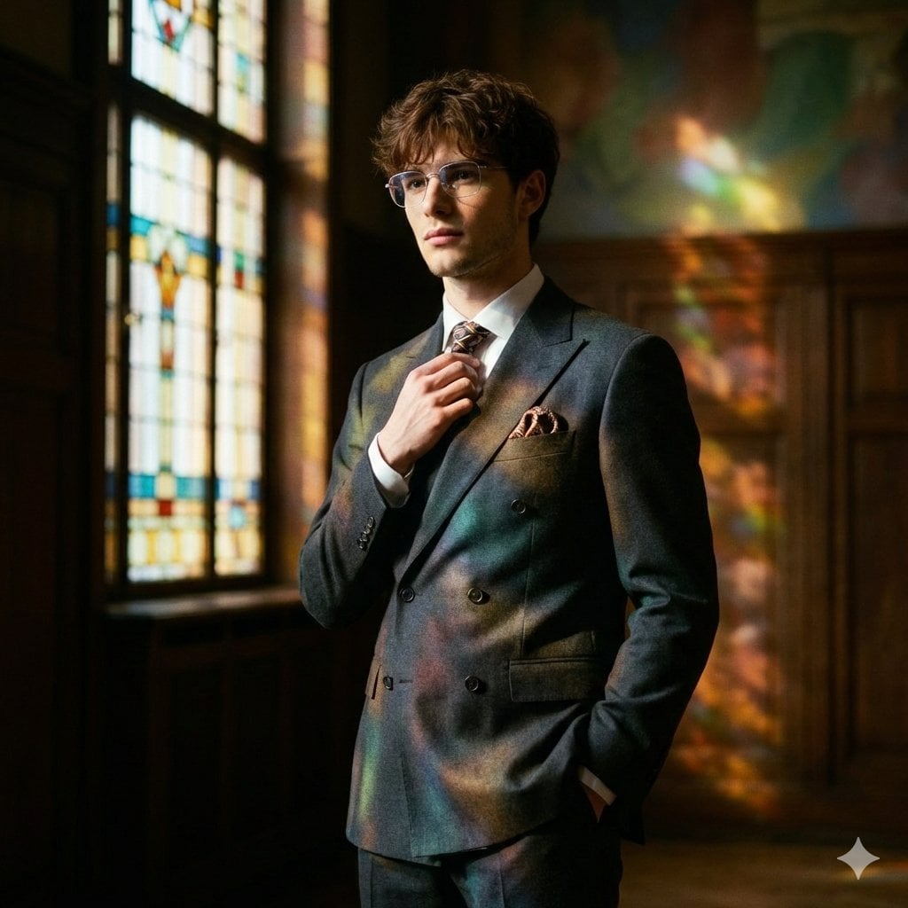 Retro Editorial Suit Portrait in Art Deco Hall