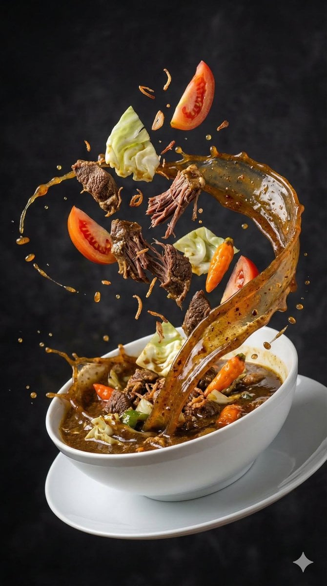 Rich Asian Soup Splash with Flying Ingredients