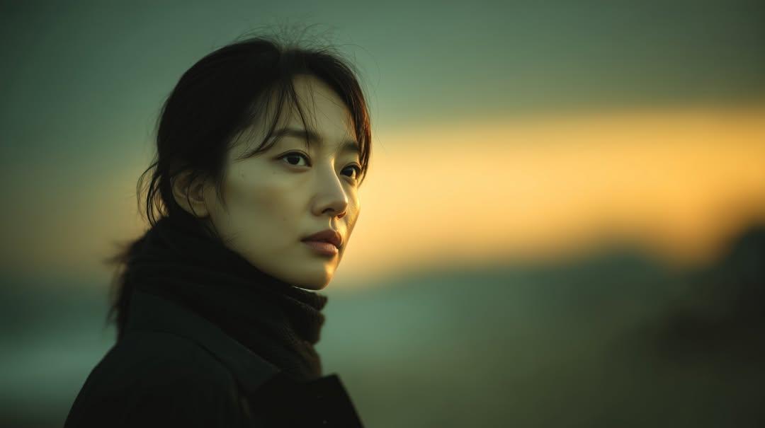 Cinematic East Asian Woman Portrait at Sunset