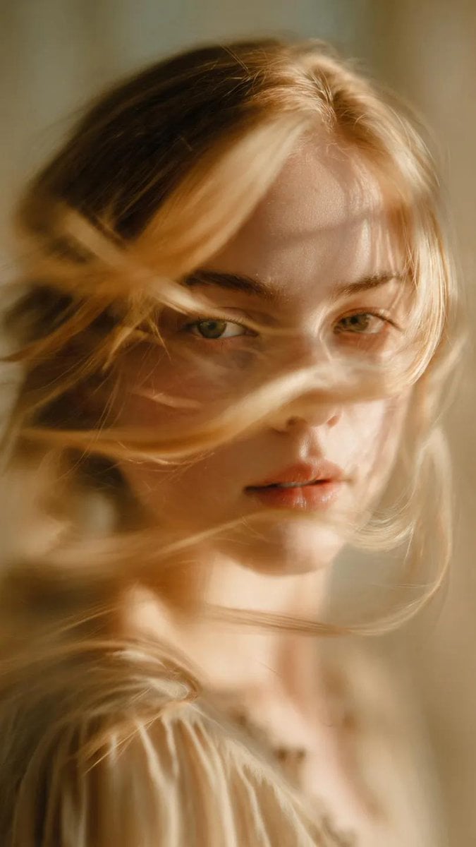 Soft-Focus Cinematic Portrait with Golden Hair