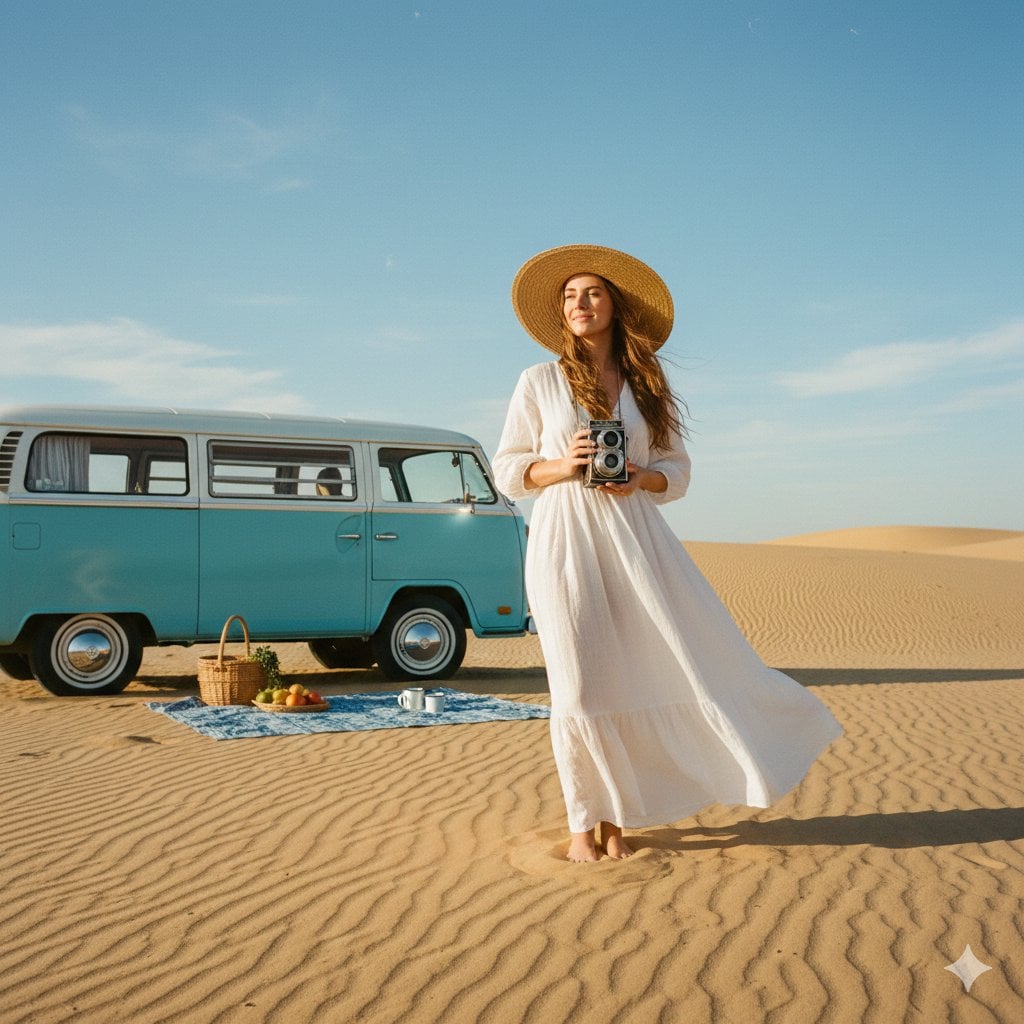 Bohemian Desert Portrait with Blue Camper Van