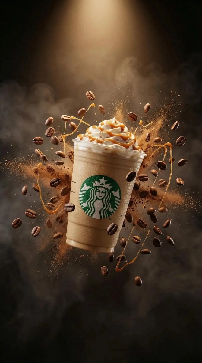 Caramel Frappuccino Product Photo with Coffee Bean Splash(2)