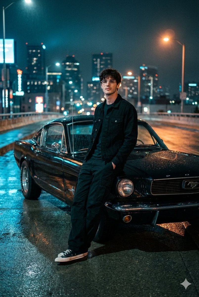 Cinematic Night Portrait with Black Mustang