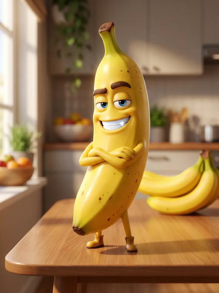 Confident 3D Banana Character in a Cozy Home
