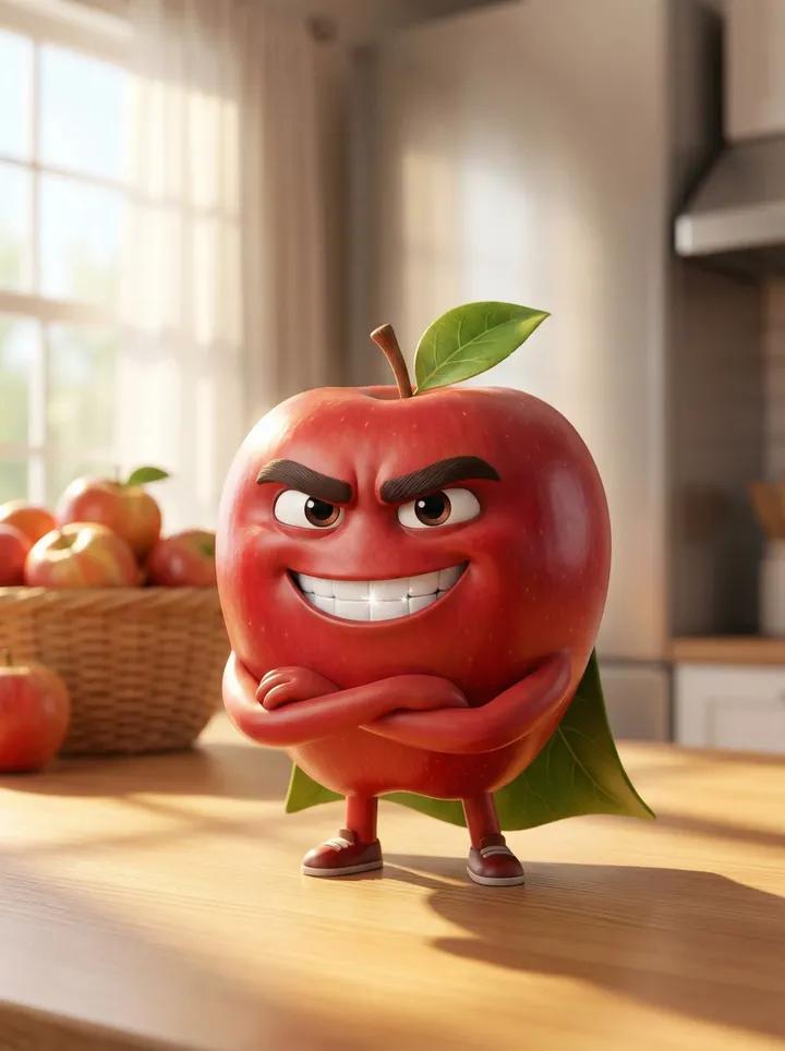 Heroic Red Apple 3D Cartoon Character