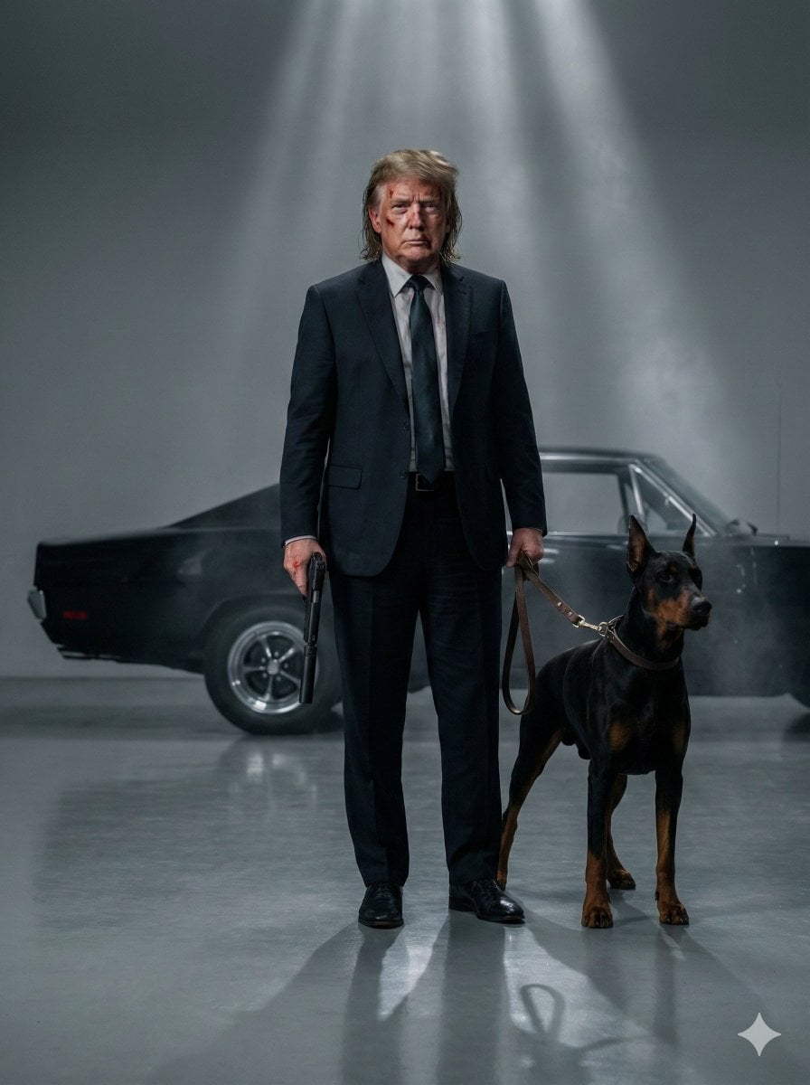 Neo-Noir Hitman Portrait with Doberman and Muscle Car