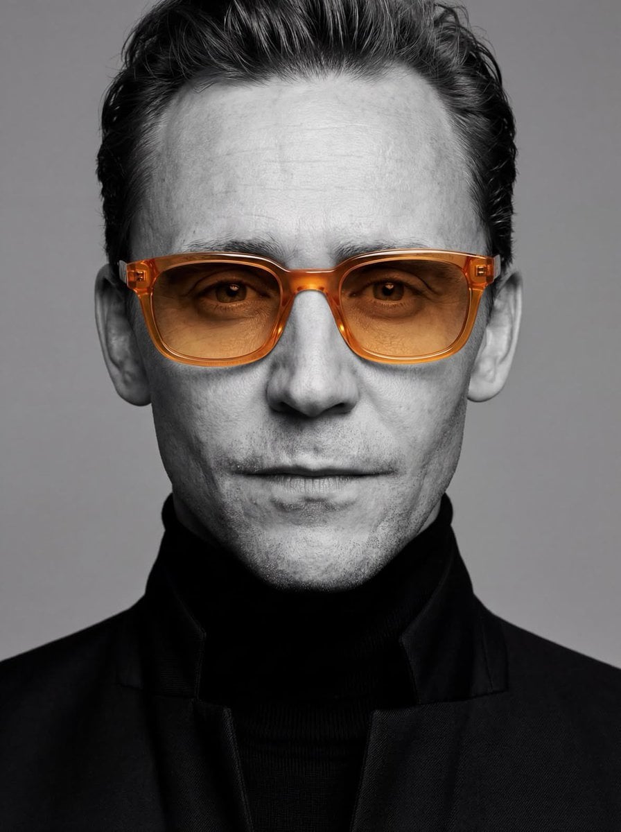 Black and White Editorial Portrait with Amber Glasses(3)