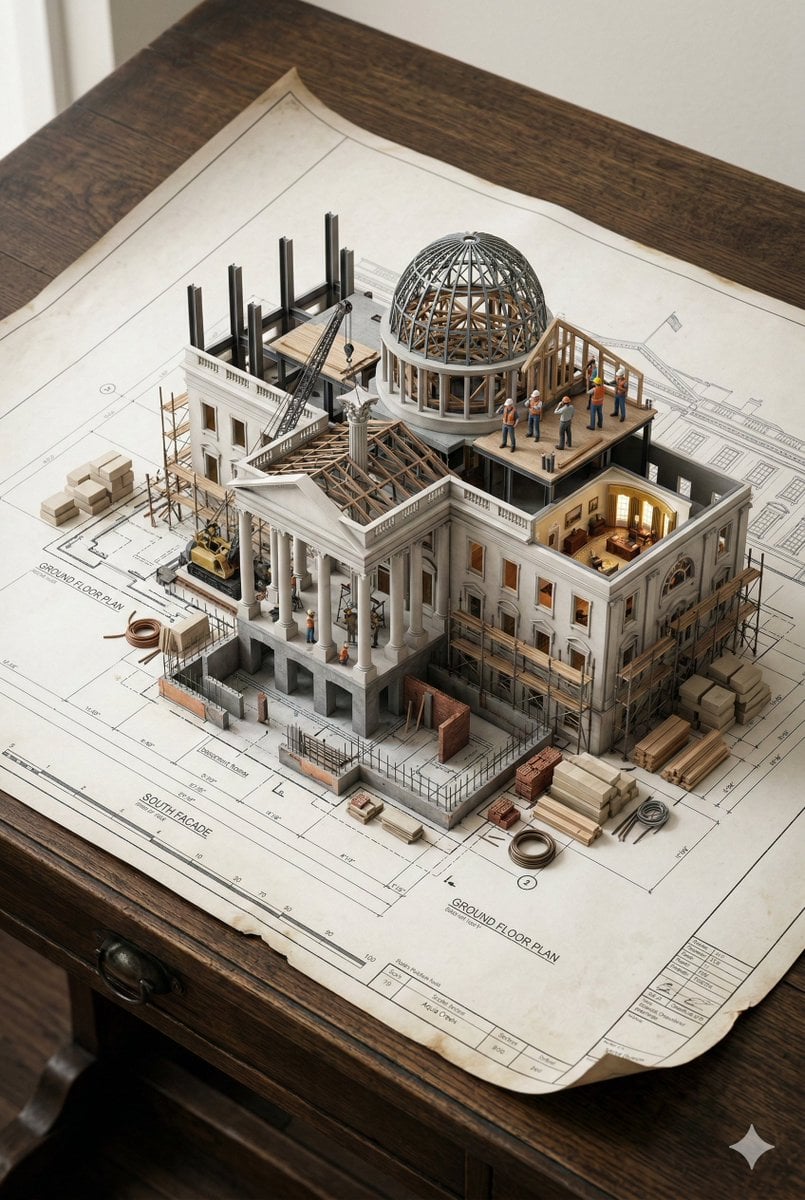 Architectural Blueprint Diorama with Miniature Construction