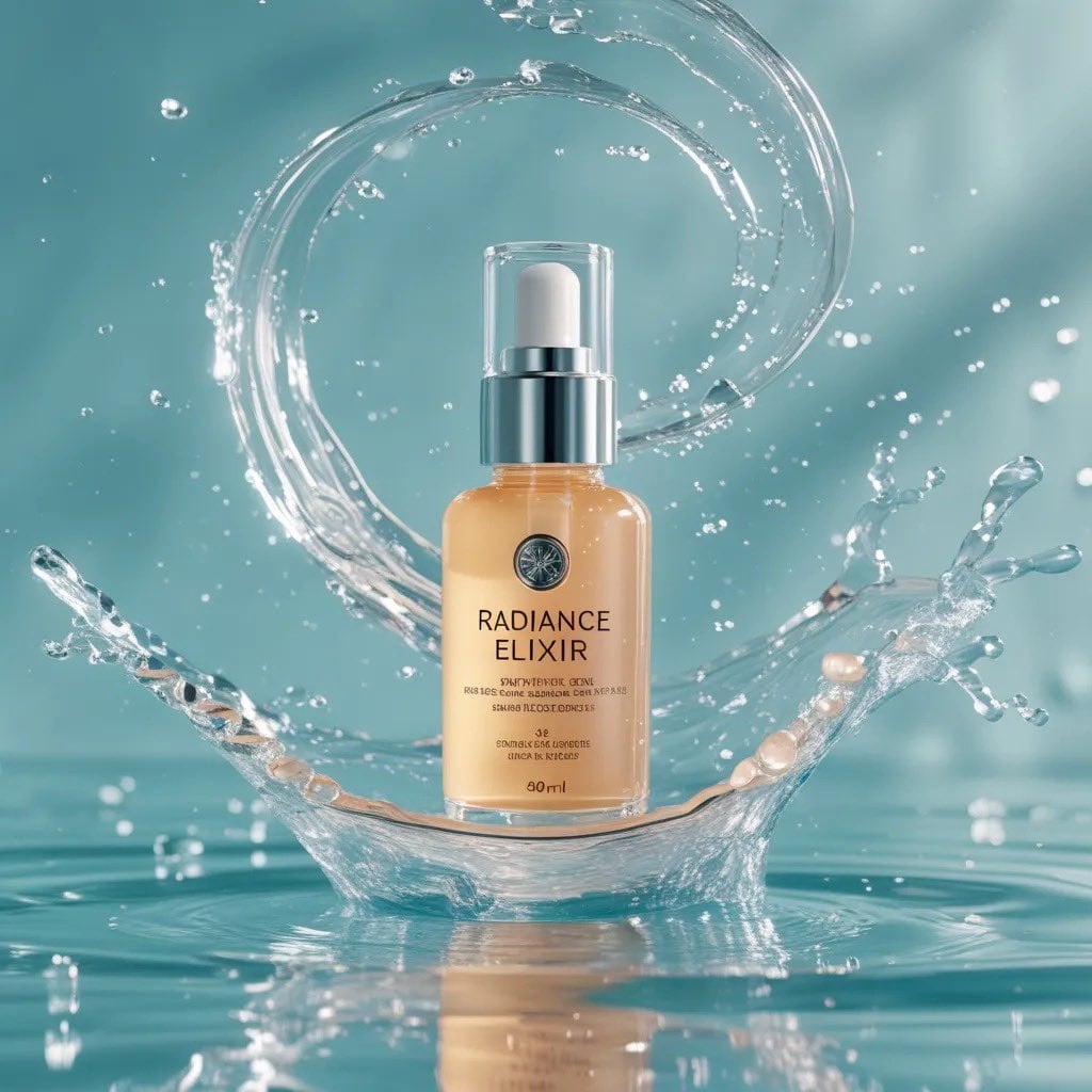 Luxury Skincare Bottle with Glossy Liquid Ripples