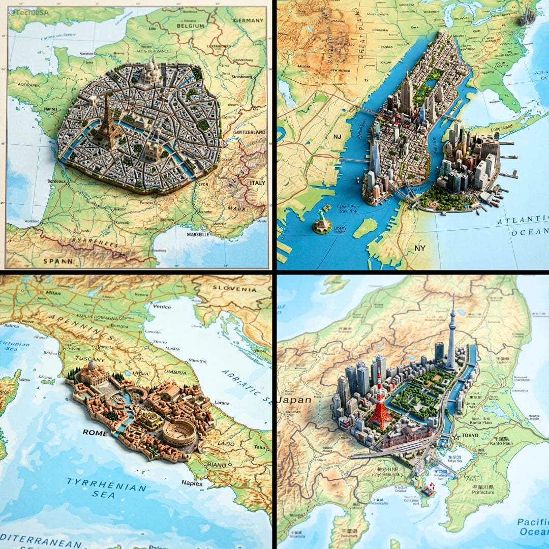 Top-Down Geographic Map with City Diorama