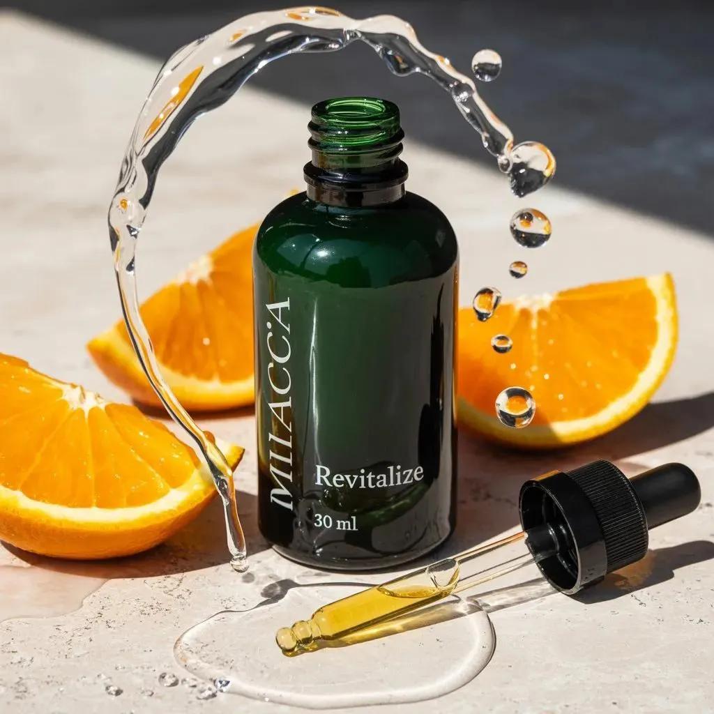 Dark Green Skincare Serum Bottle with Orange Splash