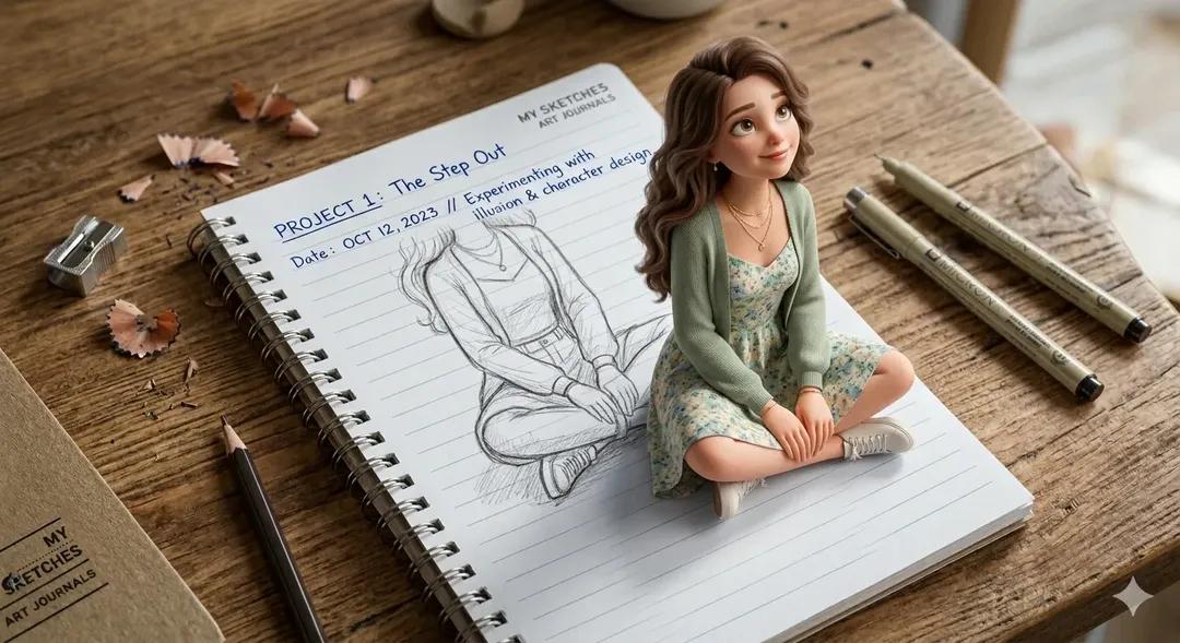 Girl Stepping Out of Notebook 3D Illusion Artwork(2)