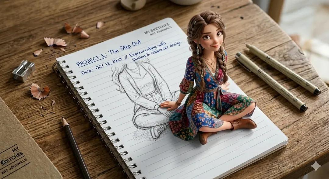 Girl Stepping Out of Notebook 3D Illusion Artwork(3)