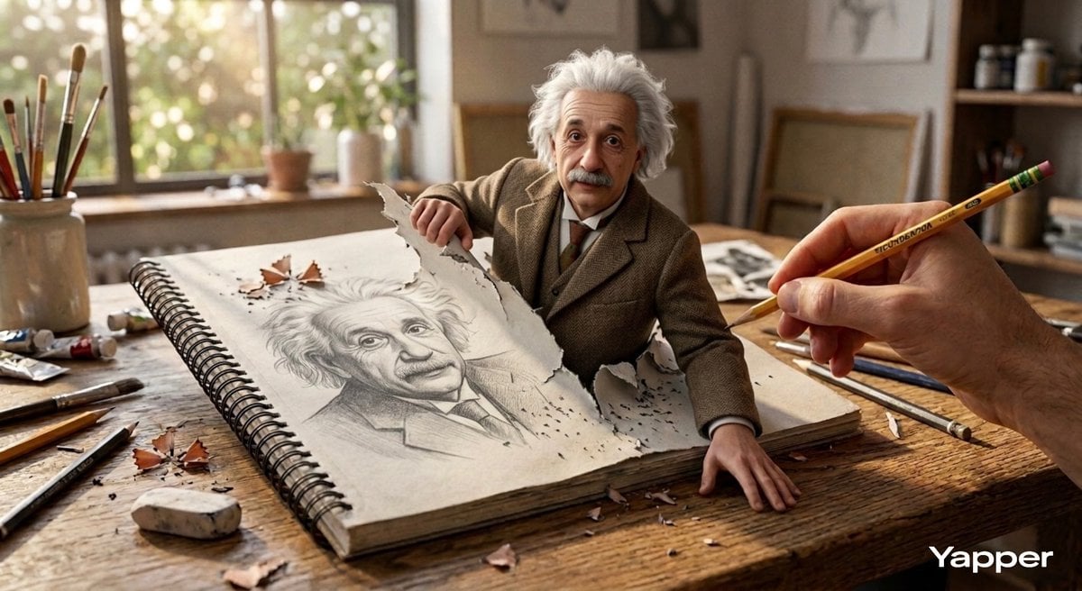 Albert Einstein Emerging from a Torn Sketchbook