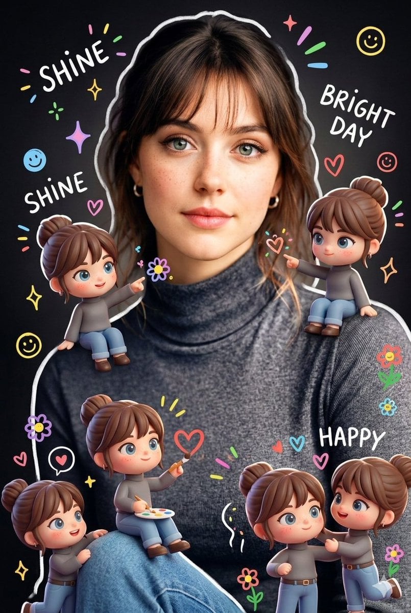 Realistic Portrait with Chibi Miniatures and Doodles