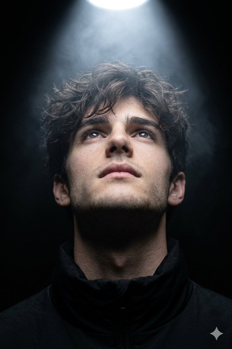 Cinematic Close-Up Portrait with Overhead Spotlight