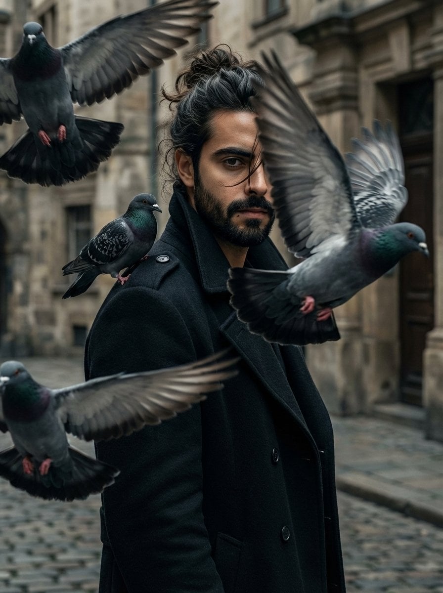Cinematic Young Man Portrait with Pigeons