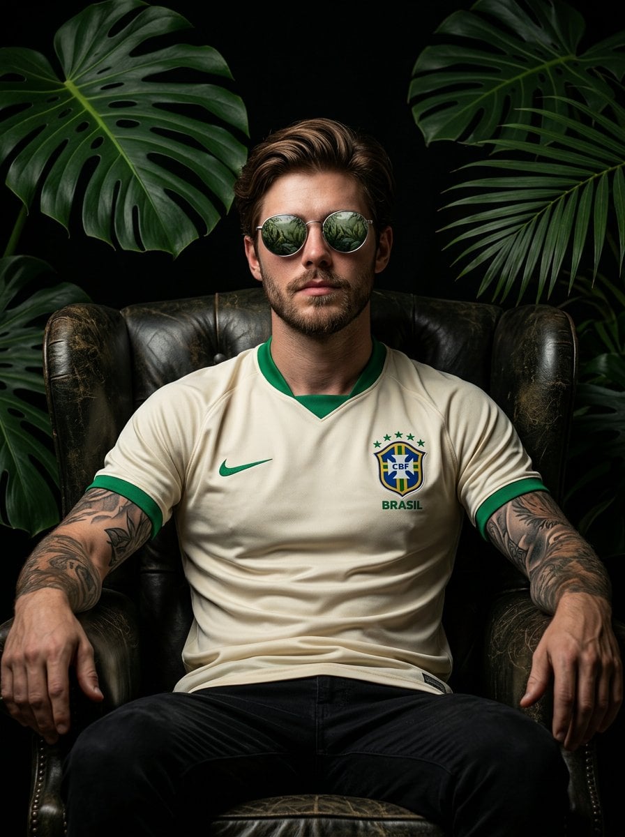 Cinematic Football Player Portrait with Tropical Jungle Leaves