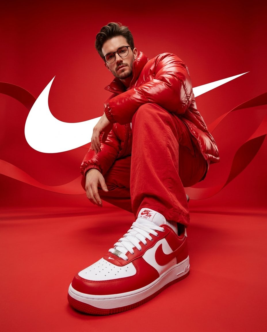 Red Streetwear Campaign with Foreground Sneaker
