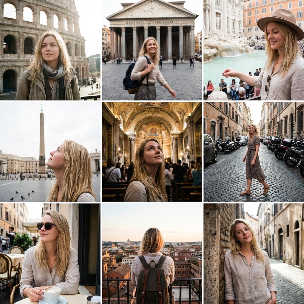 Rome Travel Instagram Grid with Same Blonde Woman