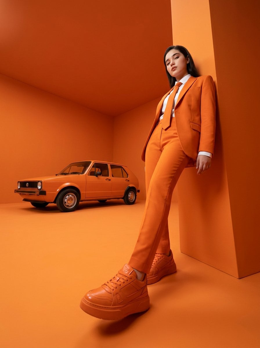 Orange Suit Fashion Editorial with Vintage Hatchback