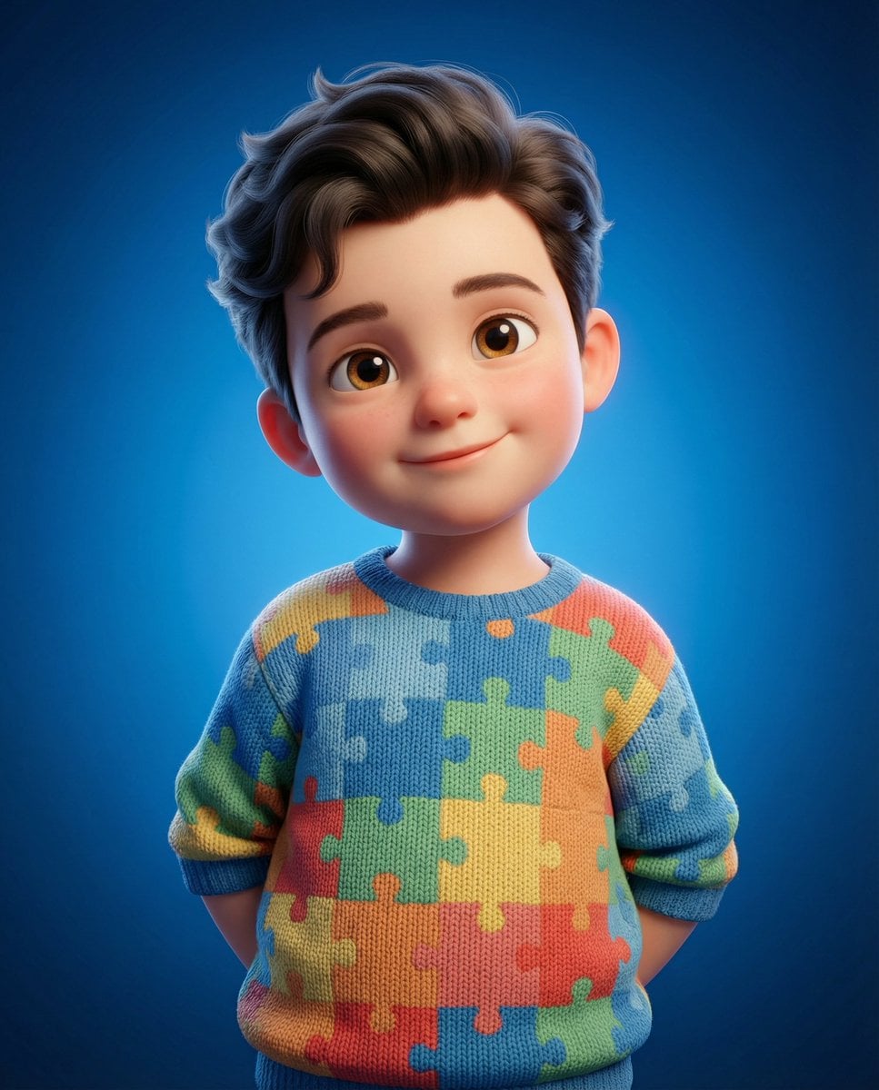 Childlike 3D Character in a Puzzle-Pattern Sweater