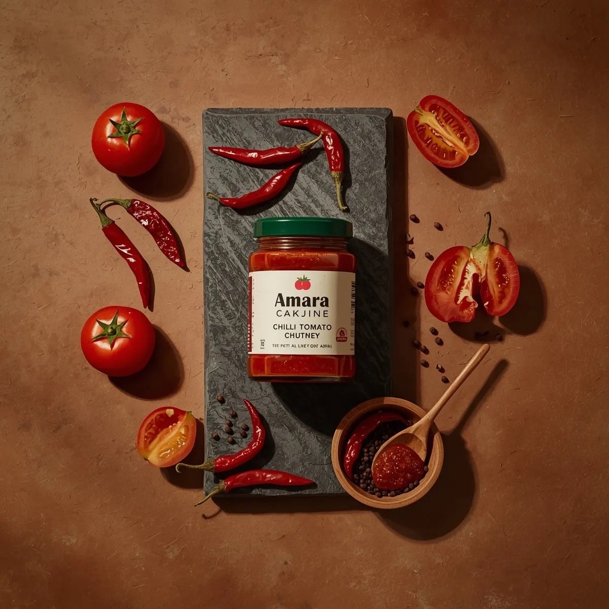 Chili Tomato Chutney Jar on Dark Stone Slab