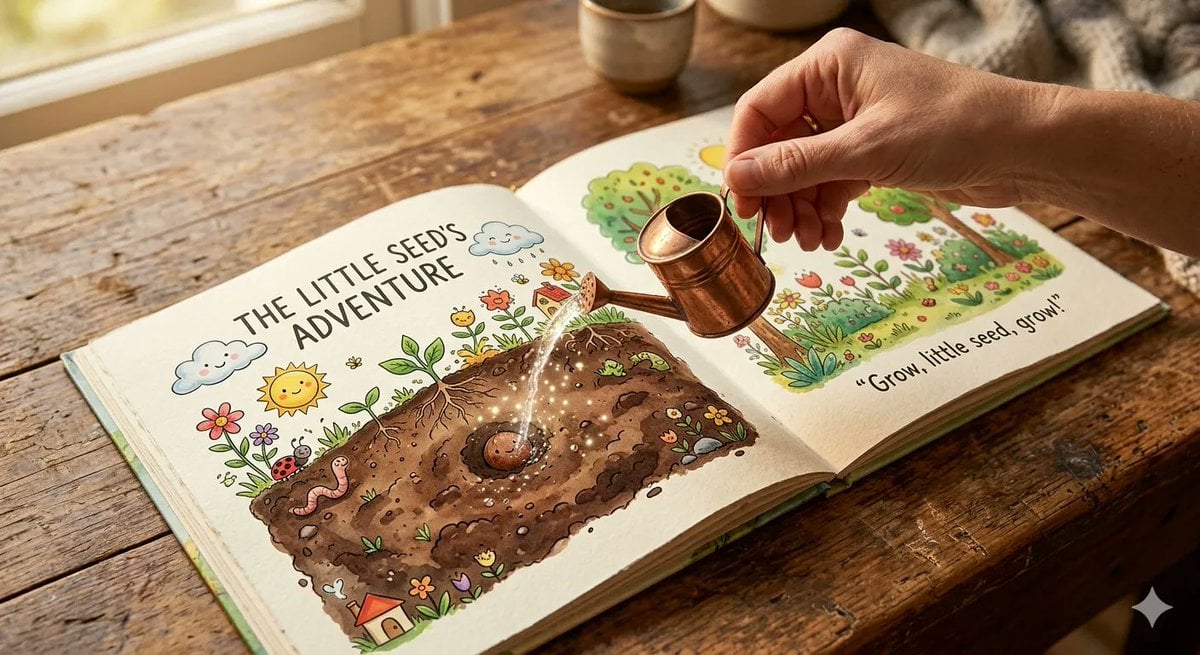 Open Children’s Picture Book with Magical Seed Illustration