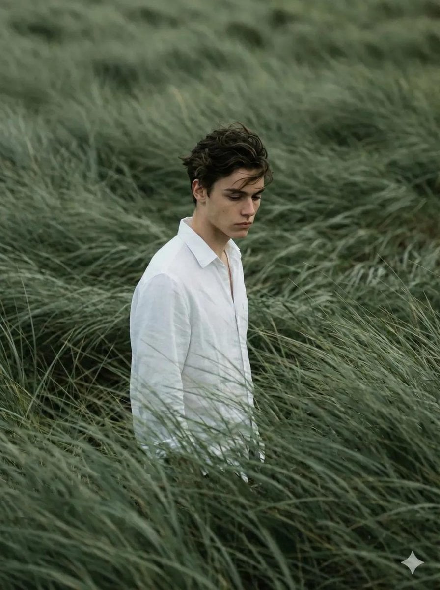 Melancholic Editorial Portrait in Wind-Swept Grass(2)