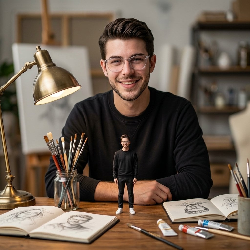 Cinematic Young Man with Miniature Self Figurine