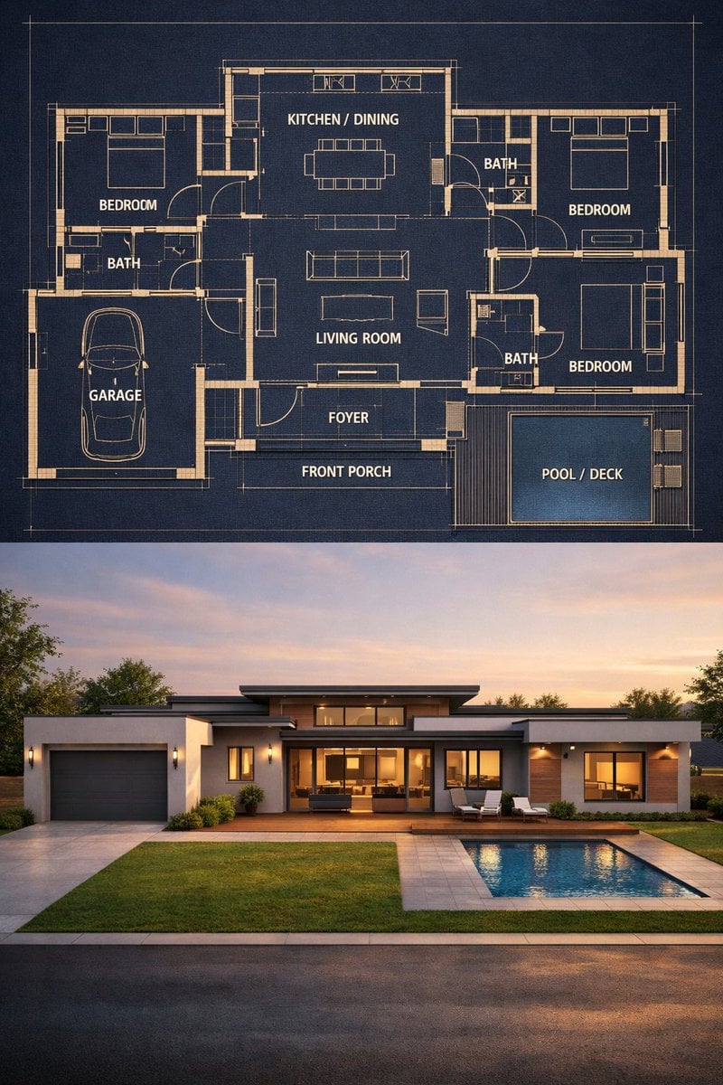 Split Blueprint and Photorealistic Modern House Visualization(2)