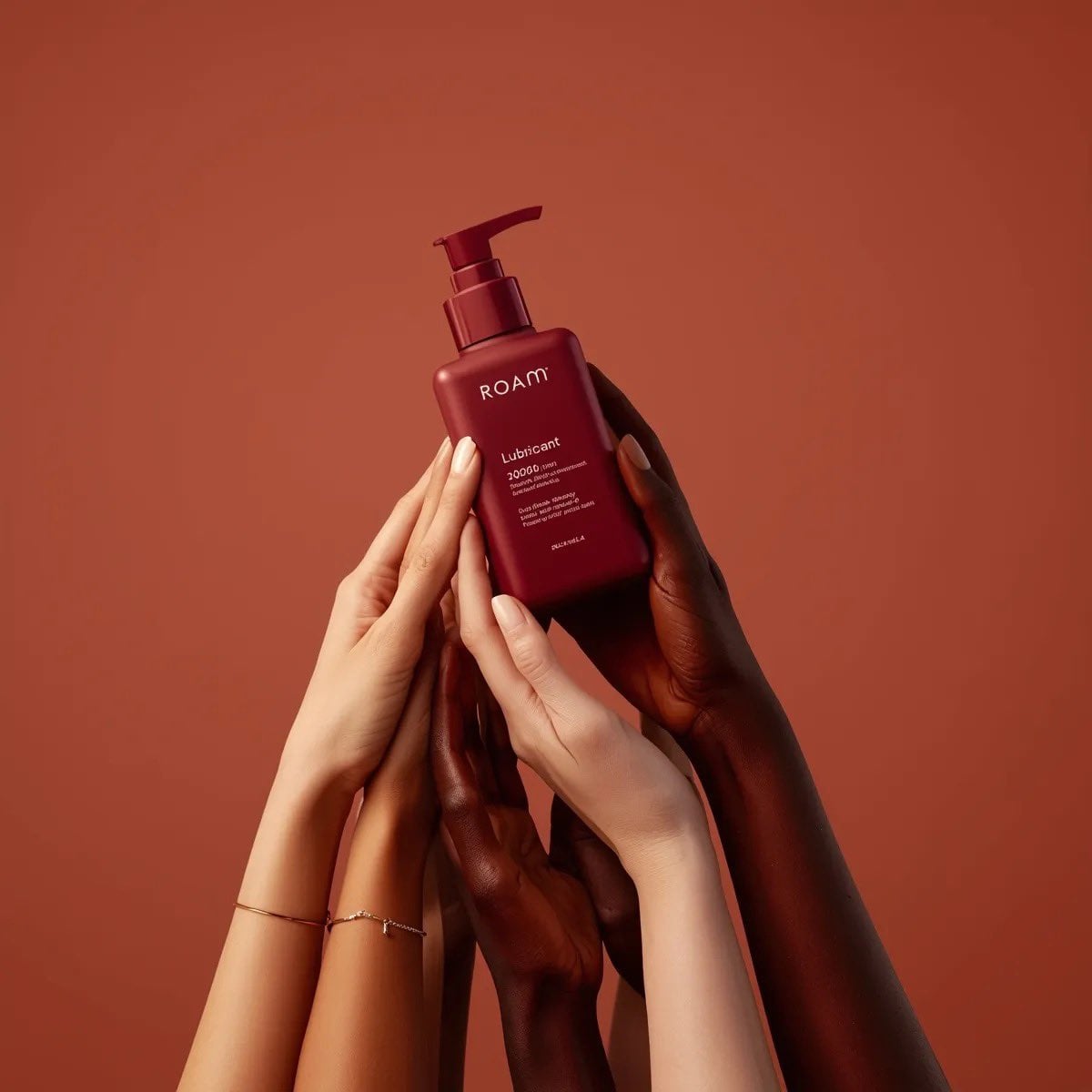 Matte Red Pump Bottle with Diverse Hands