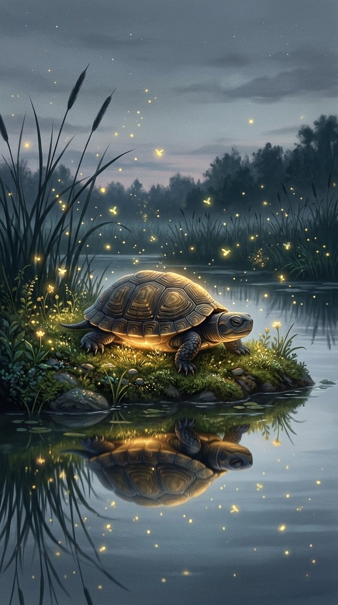 Glowing Turtle on a Twilight Riverbank (2)