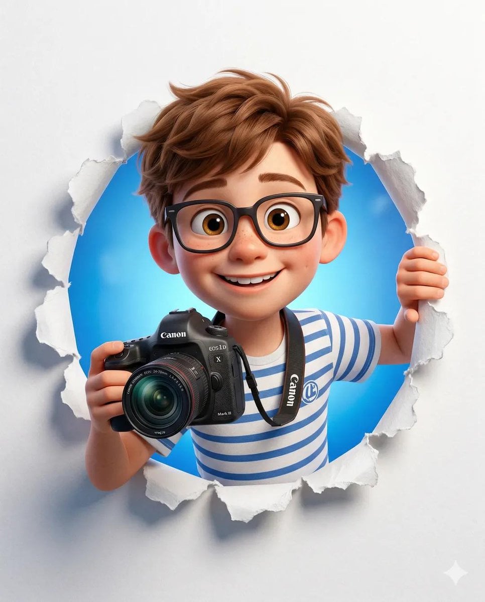 Cute 3D Cartoon Photographer Through Torn Paper