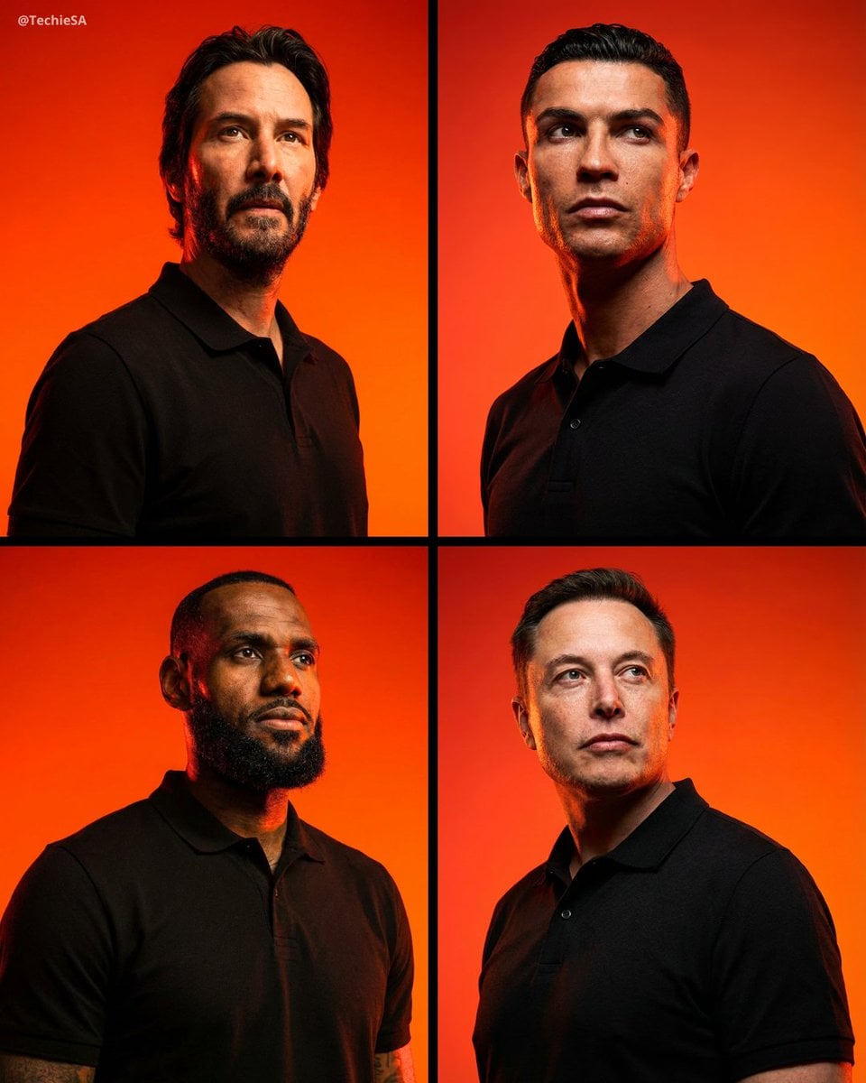 Low-Angle Editorial Portrait with Orange-Red Studio Lighting