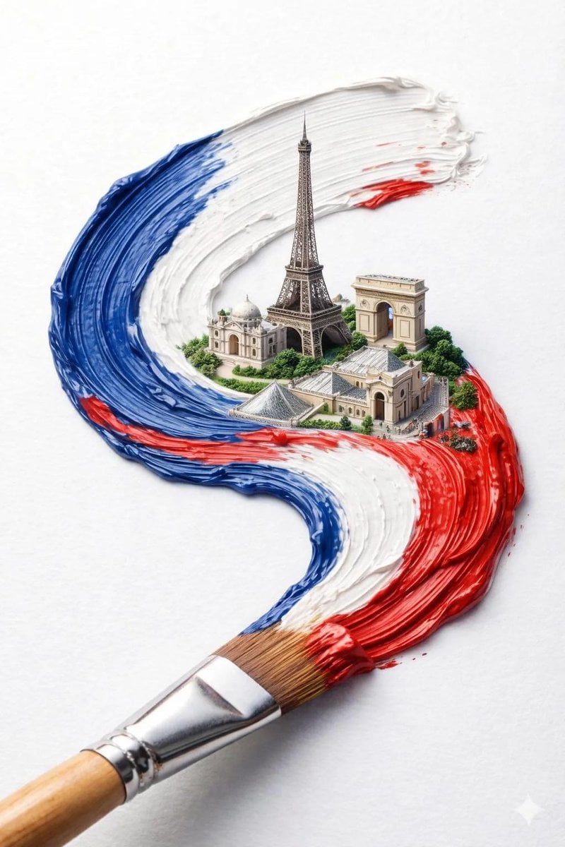 Macro Country Flag Paint Stroke with Miniature Cityscape