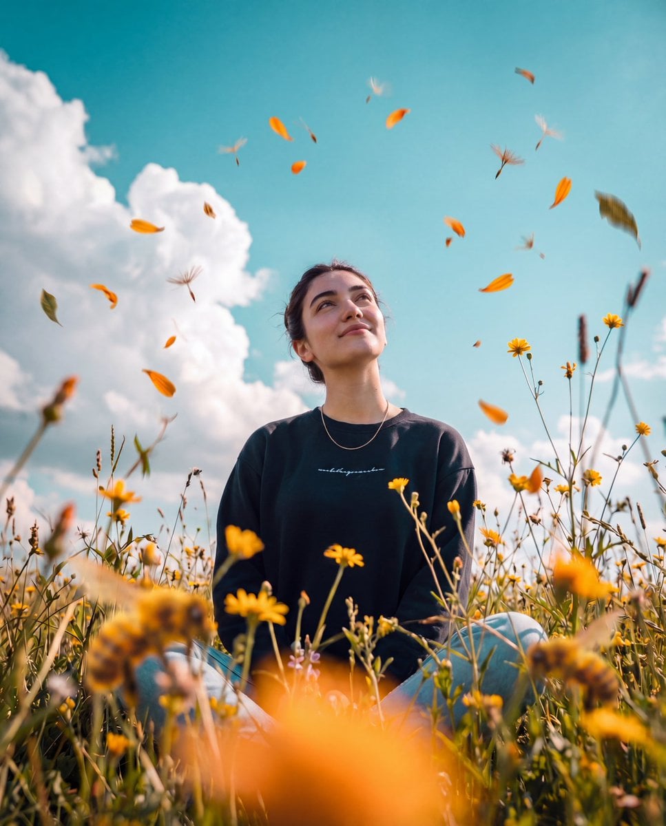 Cinematic Young Woman Portrait in Wildflowers (2)