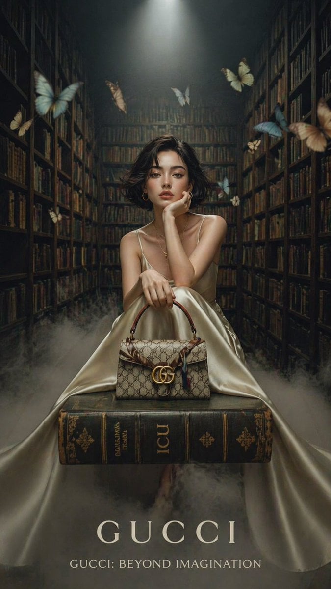 Luxury Library Fashion Editorial with Glowing Butterflies