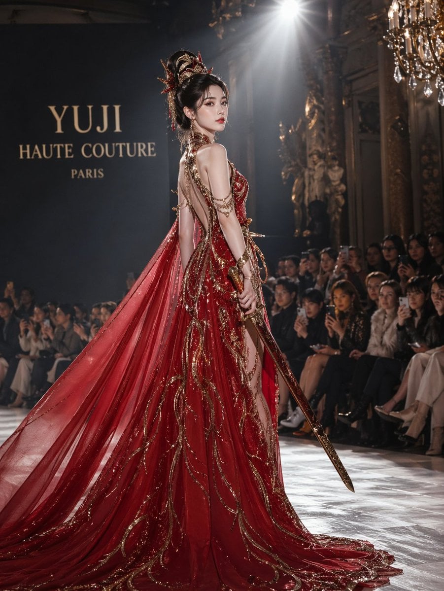 Yu Ji in a Red Couture Gown on a Paris Runway
