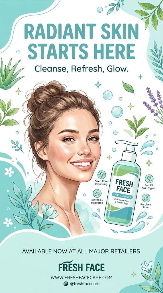 Refreshing Face Wash Poster with Botanical Skincare Graphics(2)