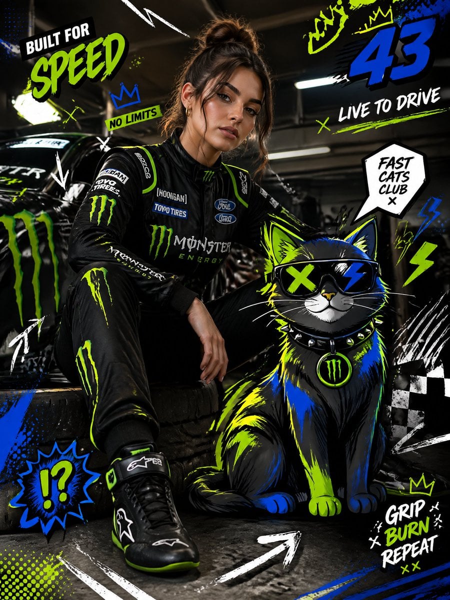 Motorsport Fashion Editorial with Neon Cartoon Cat